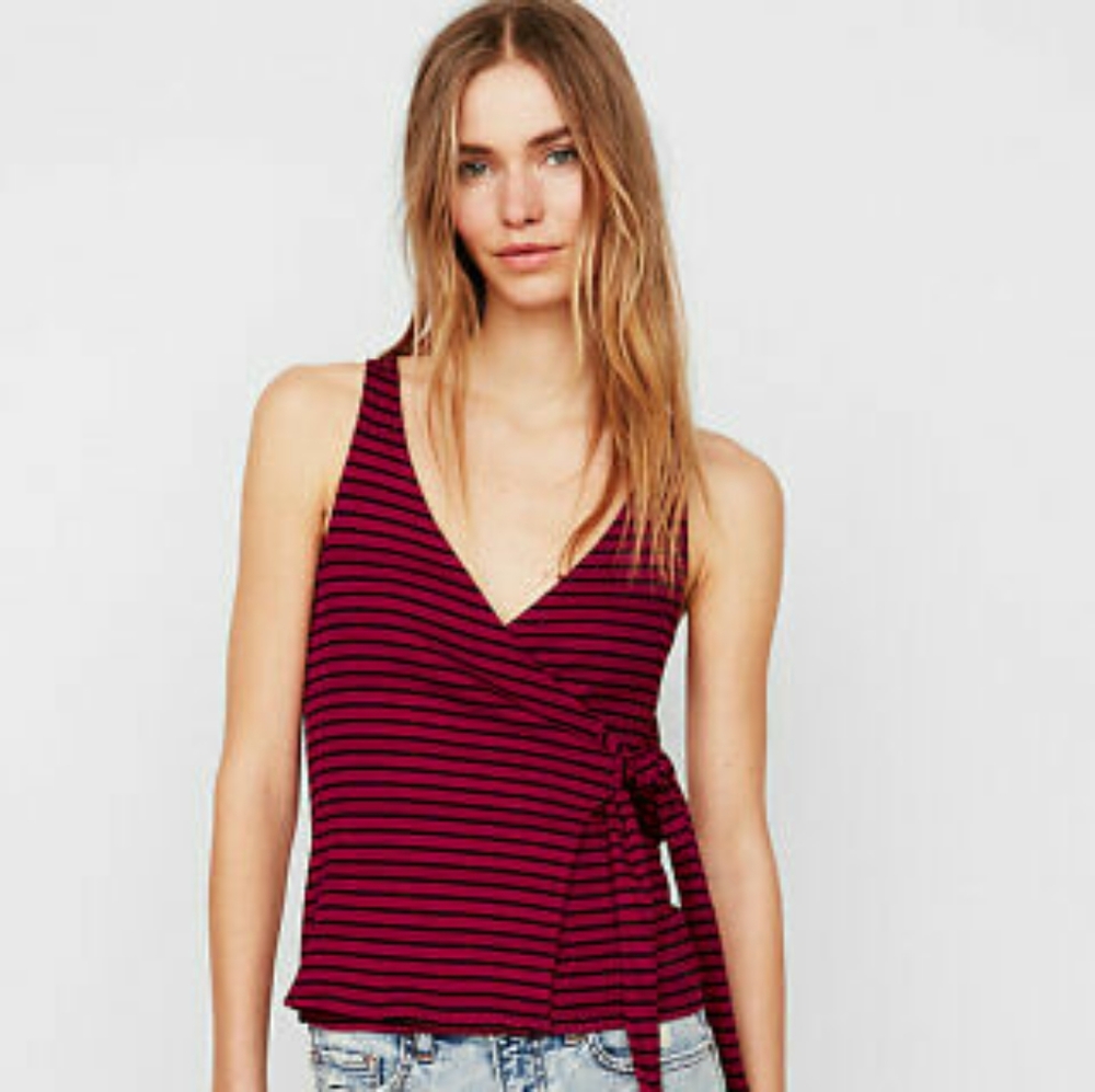 Express Cranberry and Black Striped Stretchy Wrap Cotton Blend Tank Top Large